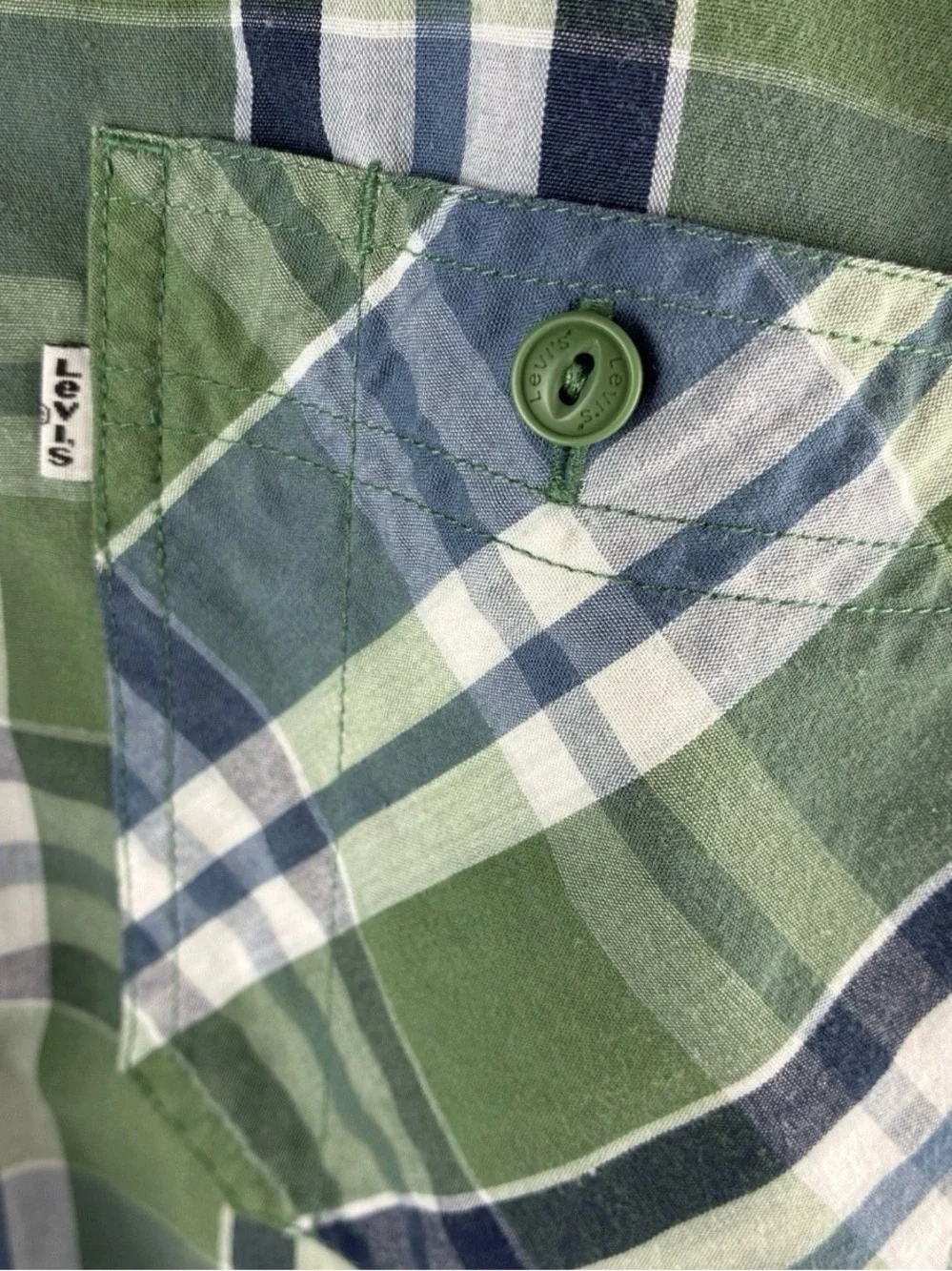 Levi's Mens Plaid Shirt XL Casual Short Sleeve Button Up Green Navy Blue White